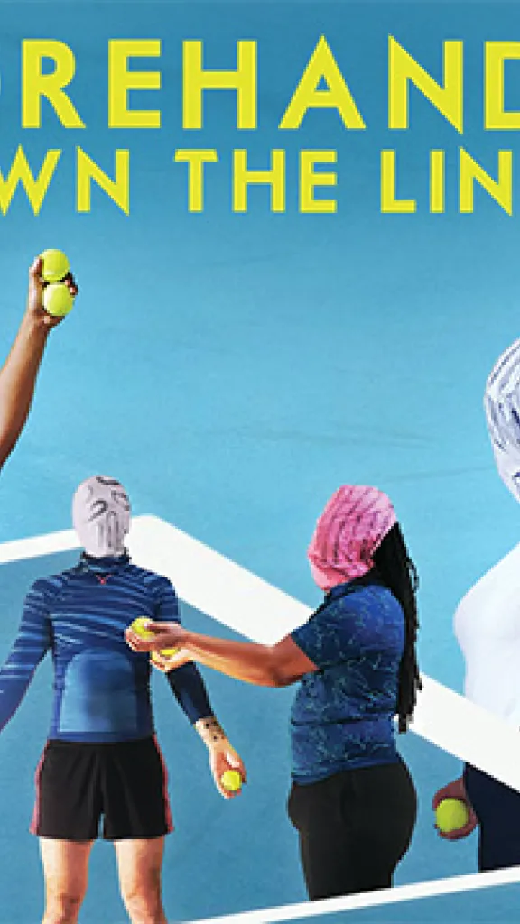 Four tennis ball people hold up tennis balls and have their faces obscured by bright patterned fabric. They stand in front of a gradient blue background.