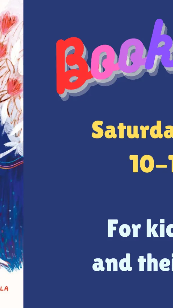 On the left: a cover of the book Apple and Magnolia by Laura Gehl and Patricia Metola. On the Right: reads "Bookworms Saturday, October 5 from 10-10:45 am. For kids ages 2-5 and their caregivers"