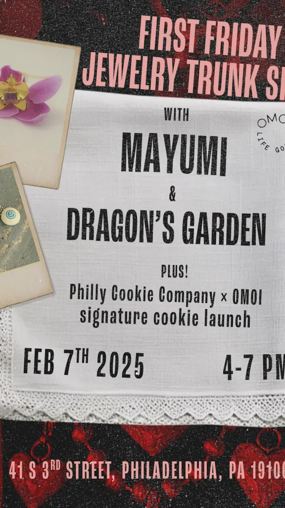 Flyer for First Friday Jewelry Trunk Show at OMOI Life Goods on February 7th from 4 to 7 PM. The flyer shows photos of jewelry by the two designers at the event, Mayumi and Dragon's Garden.