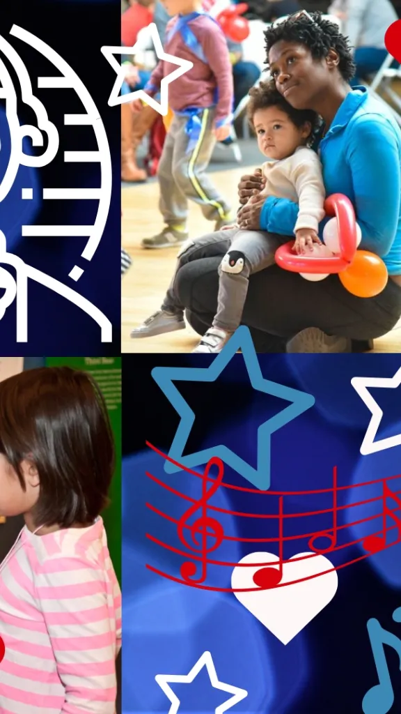 pictures of children enjoying history events surrounded by clip art stars and music