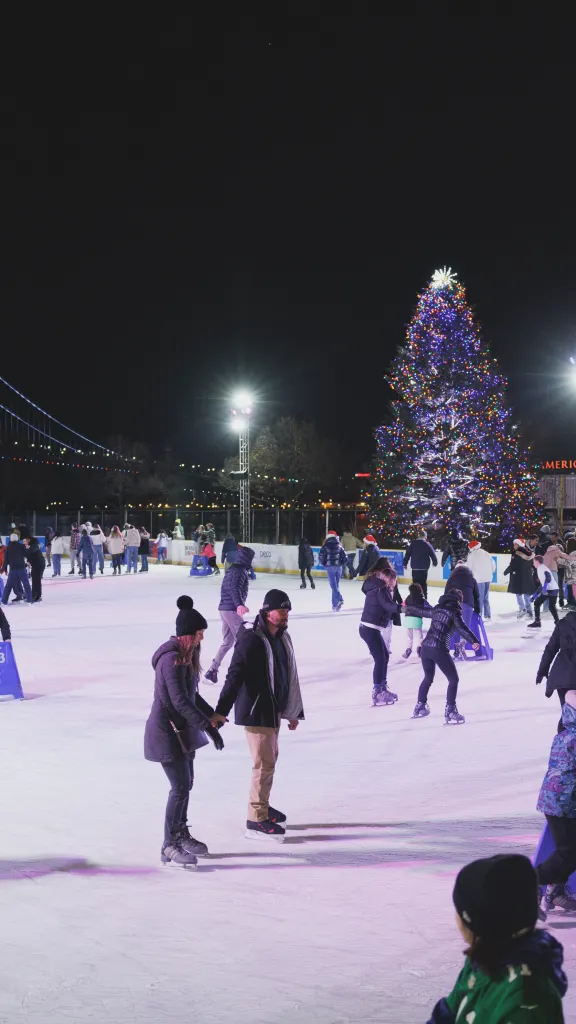 Photo of people skating with Christmas tree and Ferris wheel in the background. 