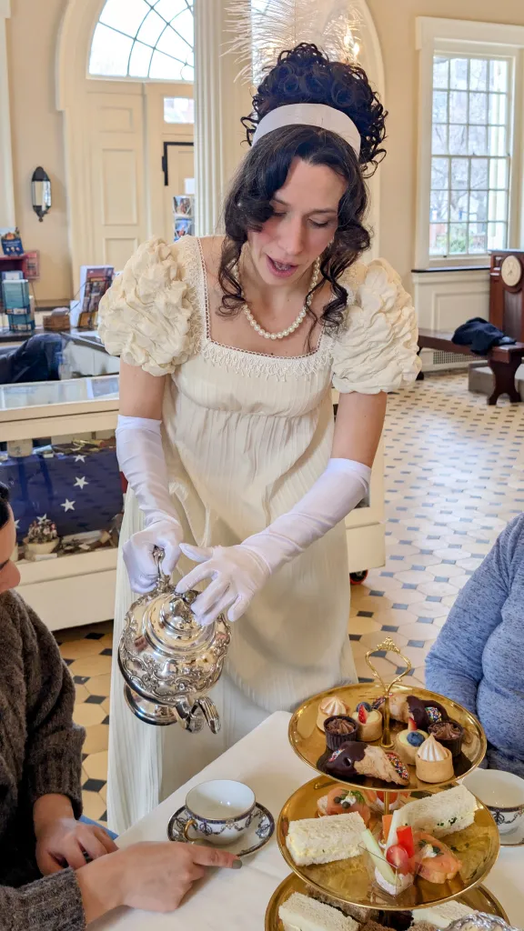 Dolley Todd Madison serving tea at the Tea Party at Carpenters' Hall