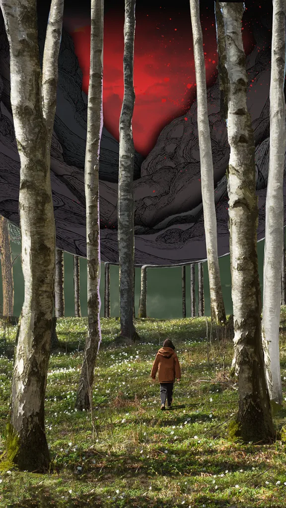 Layered collage of child walking through forest landscape with dark red void floating above