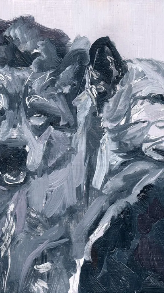 two dogs with pointy ears painted in grays, whites and blacks