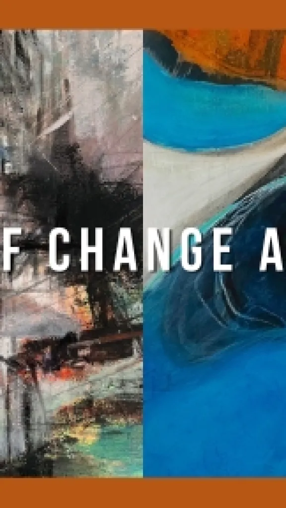 Banner image for echoes of change and origin exhibition featuring two abstract paintings by Deborah Moss Marris and Demetra Tassiou
