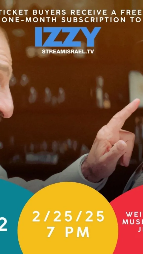 on the left side there is a man with a brown beard wearing a black kippah pointing his finger to the woman on the right who also has brown hair. There is a QR code to register