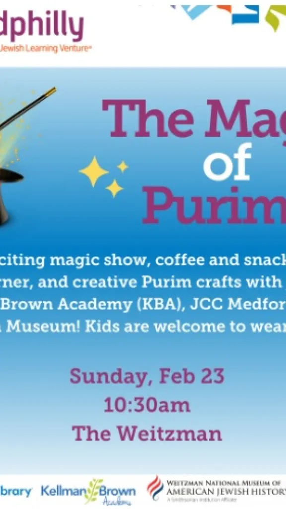 The Magic of Purim is in purple over a light blue background. On the left side there is an upside town black top hat with a magic wand over it.