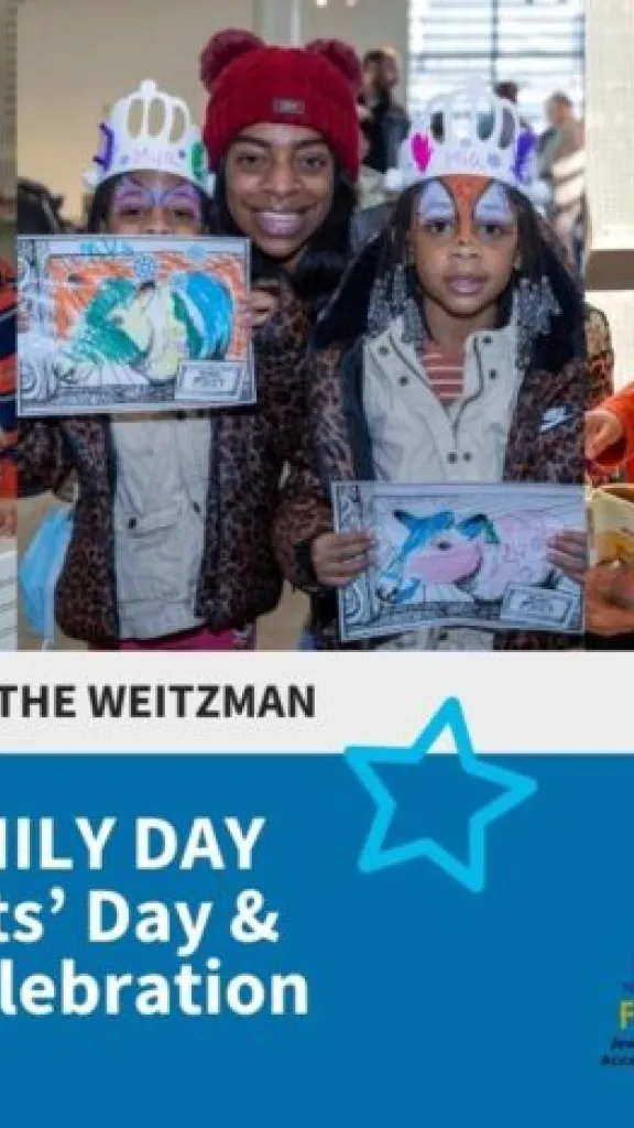 Kids holding crafts, with face paintings enjoying a family day at the museum.