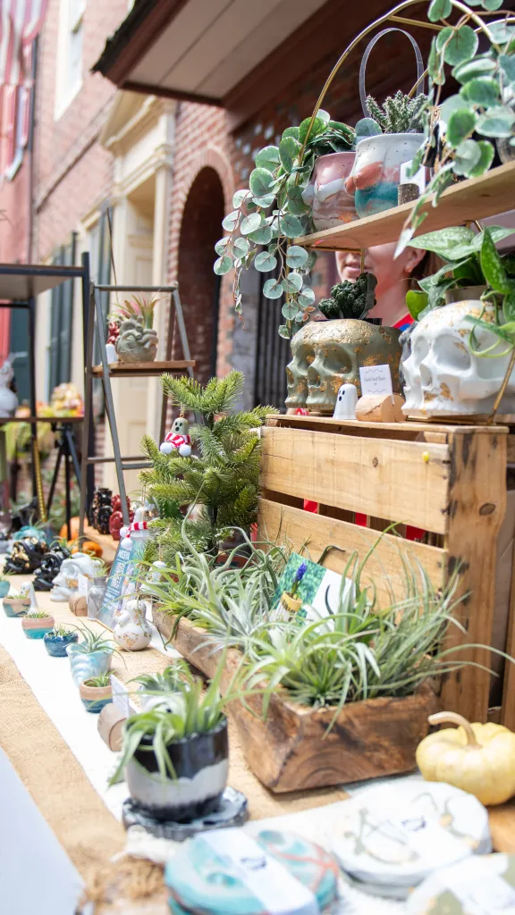 View of Elfreths Alley in the spring with shoppers.