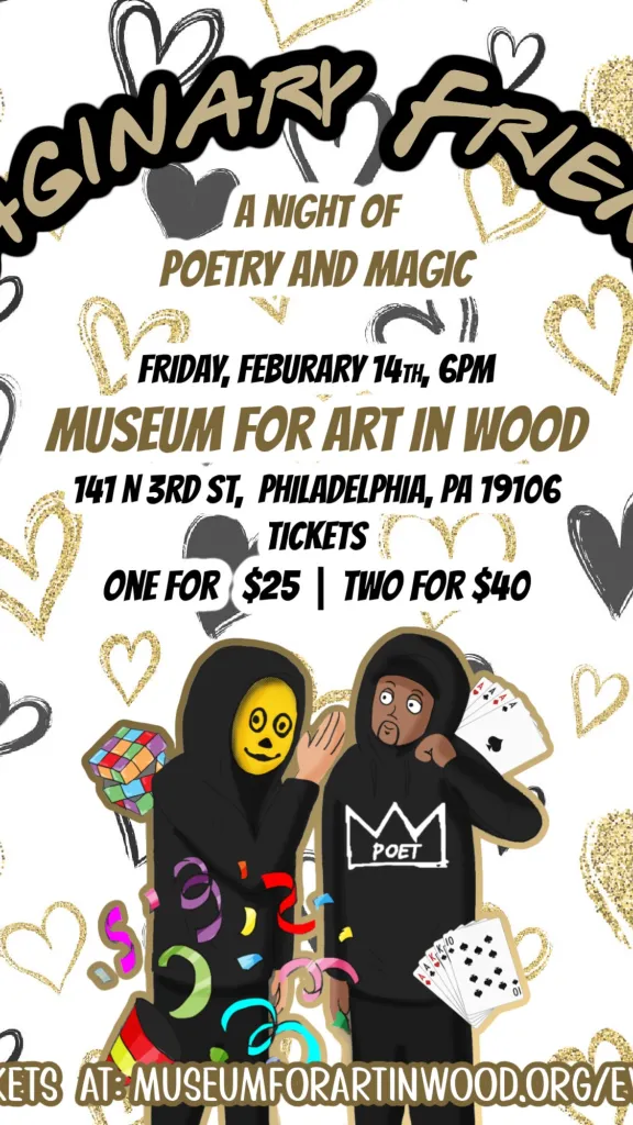 A graphic of poet LindoYes promoting the information for Imaginary Friends