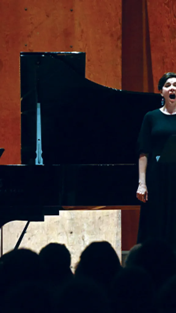 Soprano Lucy Fitz Gibbon singing on the Marlboro Music Festival stage.