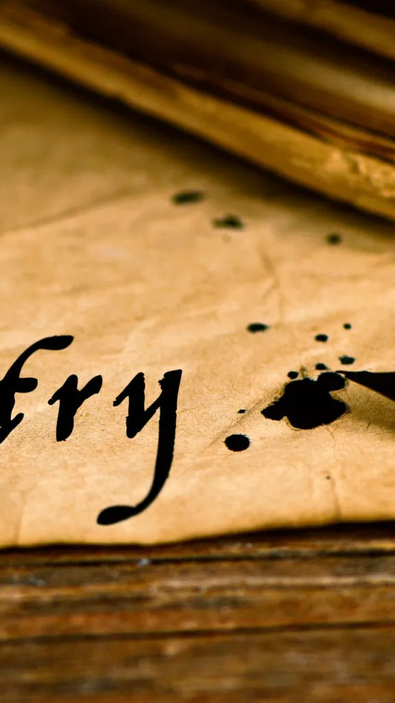 Ink pen writing the word poetry on parchment paper.