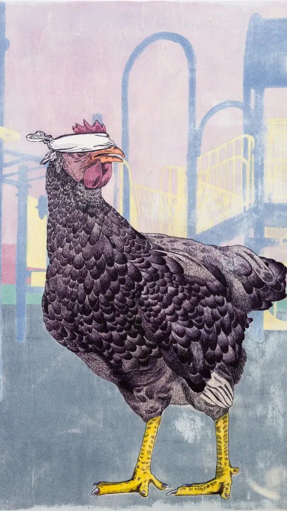 Illustration of blind folded chicken with playground in background