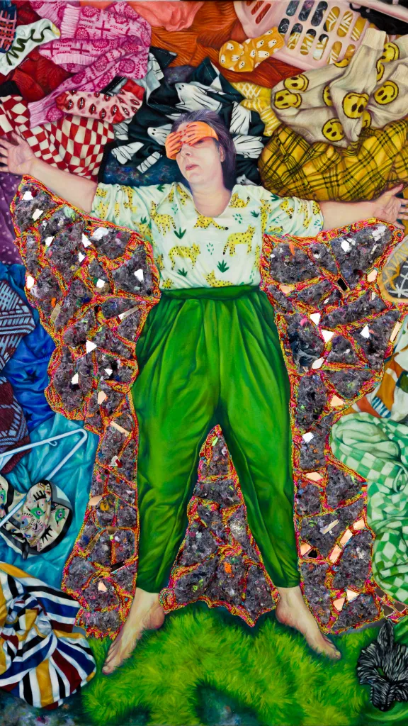 Painting by Sarah Detweiler of woman lying in a field of laundry
