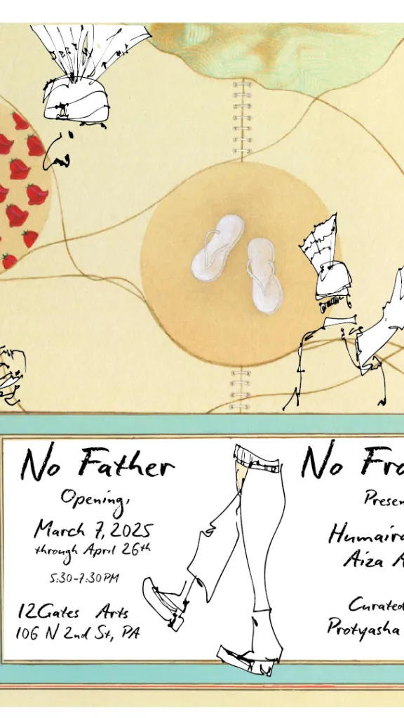 Showcard depicting featured artwork and event details for 12Gates' opening exhibition, No father–no frontier.