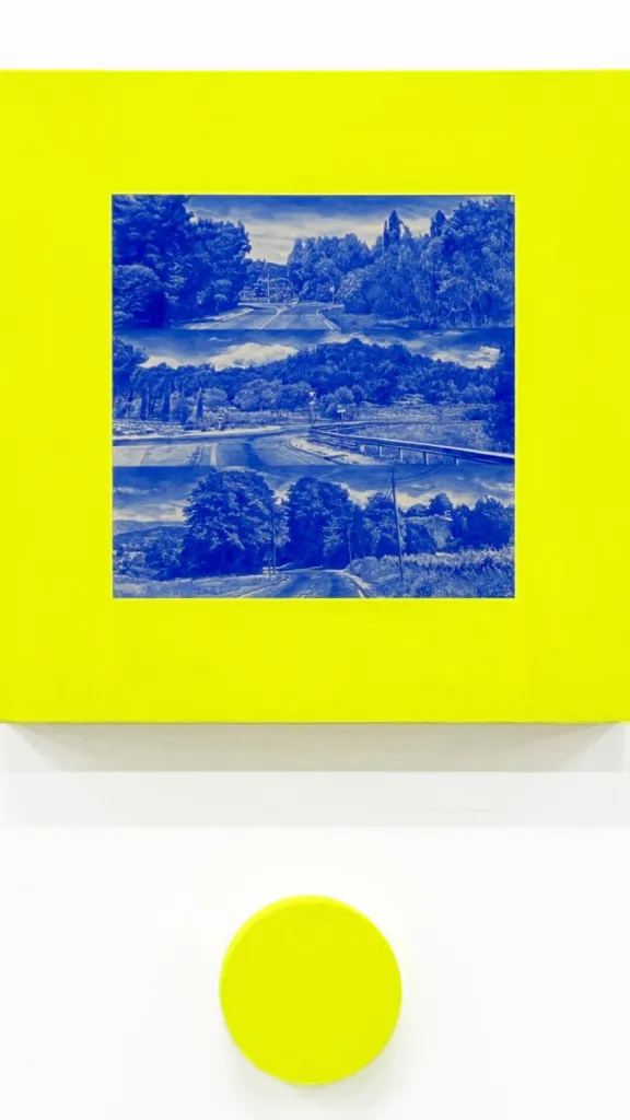 Blue Highway (Gordes) 14 x 14 x 2 inches and 4 inch diameter, acrylic, gouache on panel, 2025.