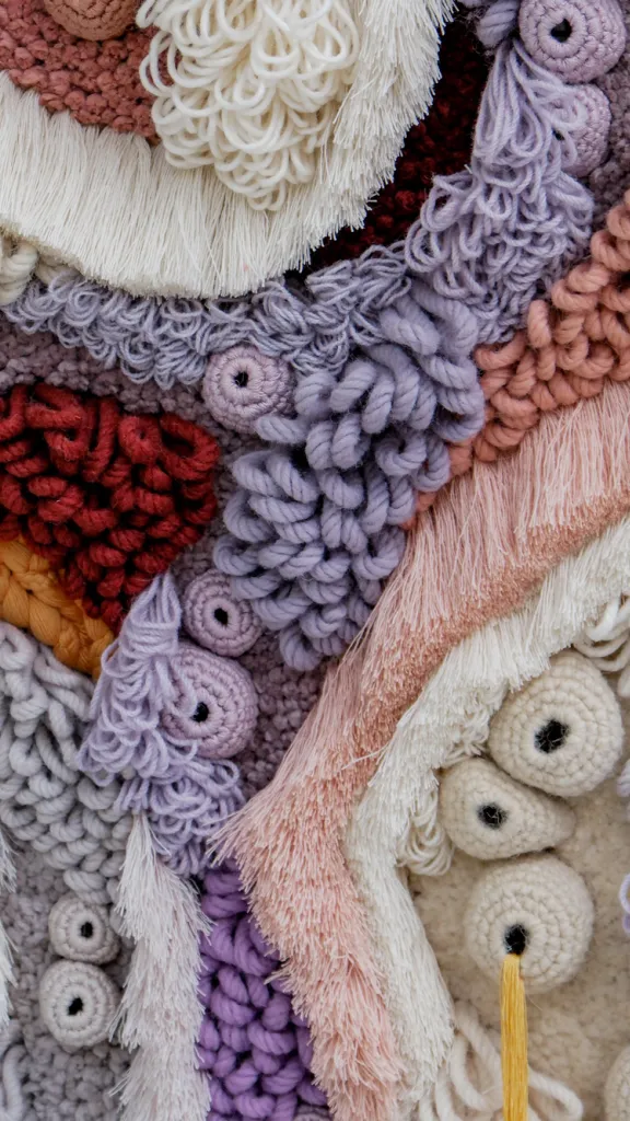 Close up of color fibers tapestry made to look like coral reef