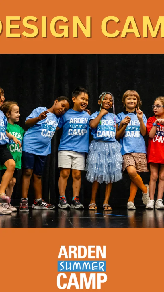 Arden Drama School campers stand on stage with their arms around one another, looking towards the audience