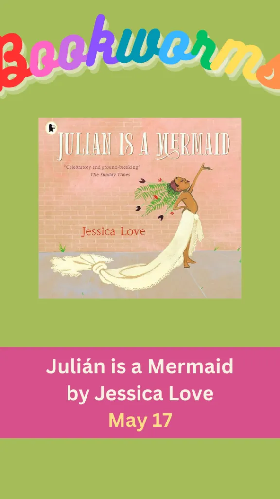 Cover of the book "Julián is a Mermaid" - a boy wearing a cloth representing a mermaid tail stands on a sidewalk in front of a brick wall