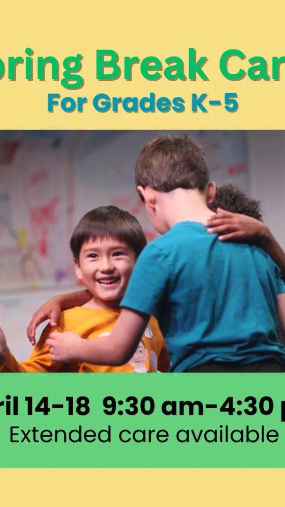 Spring Break Camp cover - three children huddling and smiling during an activity