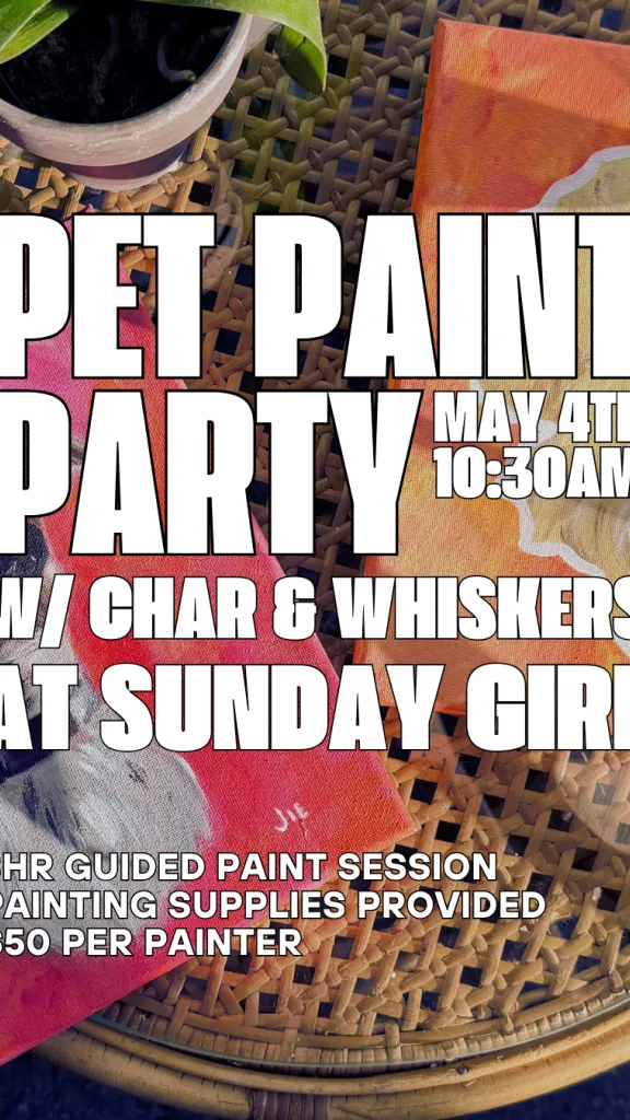 A photo of painted pet portraits with text overlay