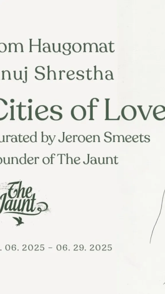 Exhibition banner advertising Tom Haugomat & Anuj Shrestha: Cities of Love