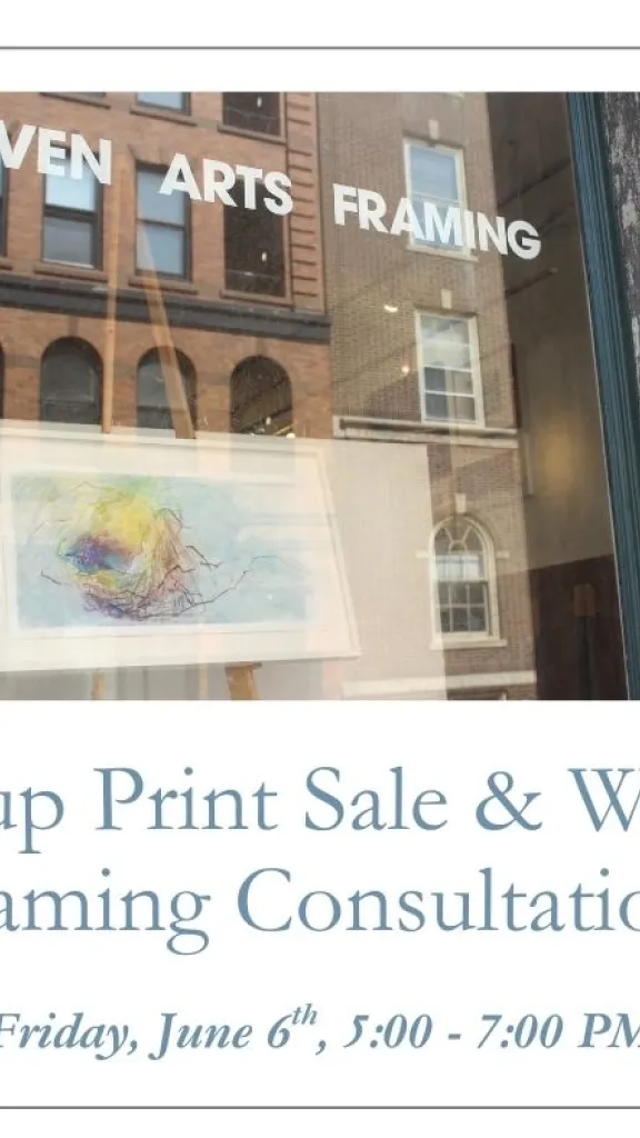 An image of a store front with "Seven Arts Framing" in bold letters and an easel with a framed painting on it. Below the image reads "Pop-up Print Sale & Walk-in Framing Consultations. Friday, June 6th, 5:00-7:00PM"
