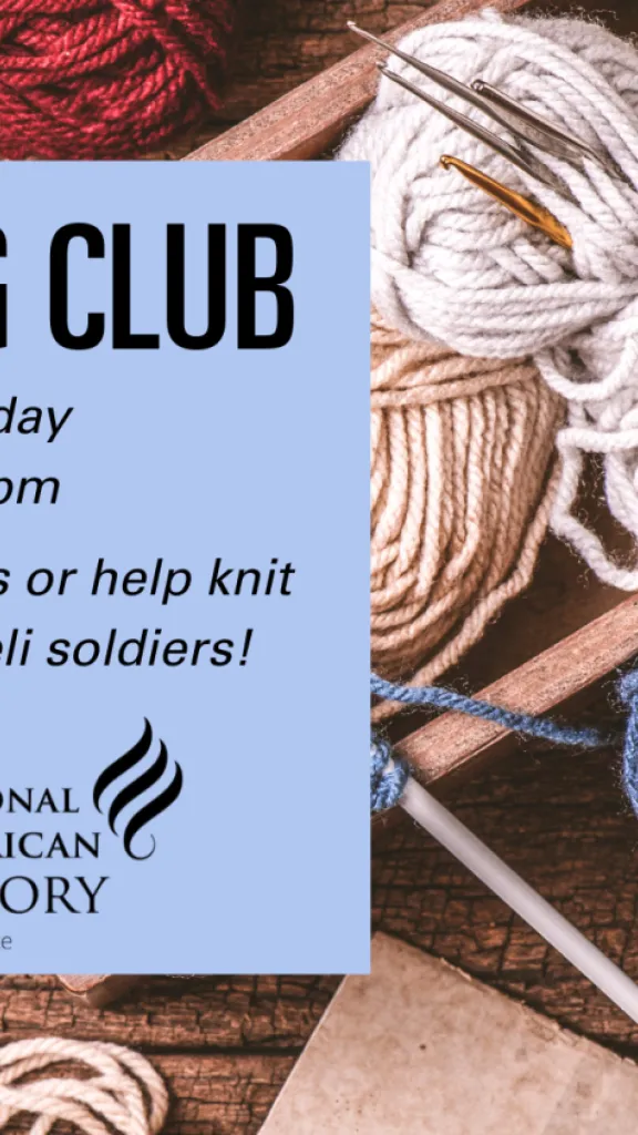 background of blue, white, and cream yarn lays in spools on top of a table. There is a light blue box with the event details on the left