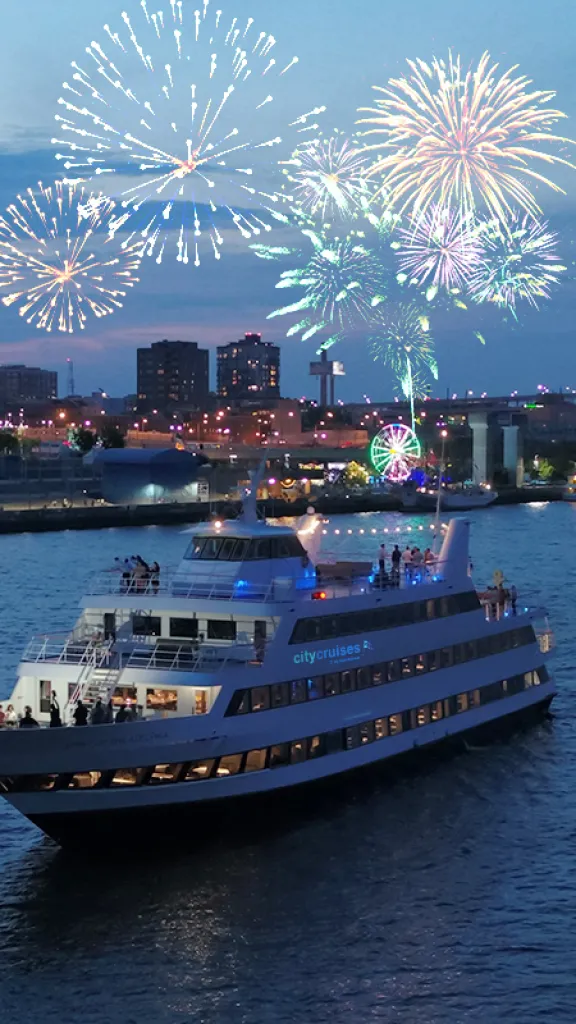 Spirit of Philadelphia vessel with fireworks in background