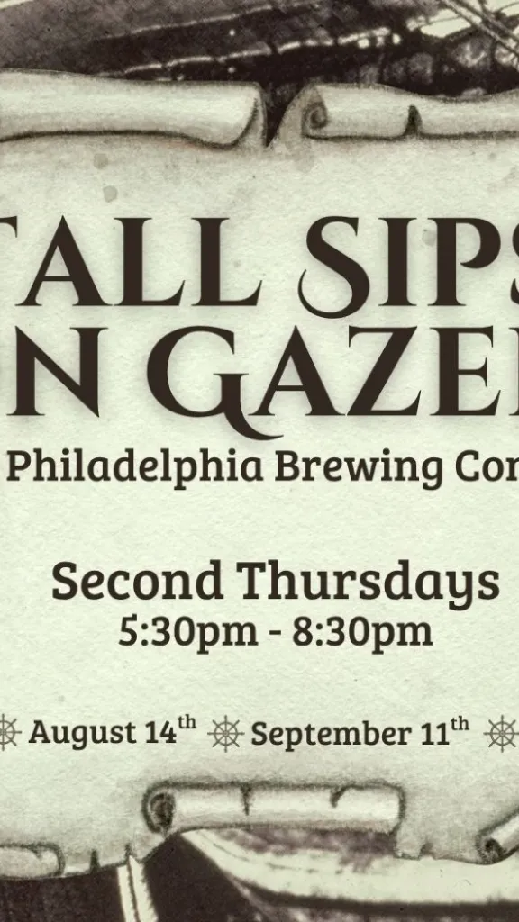 Tall Sips on Gazela event information overlaid on a historic photo of Gazela