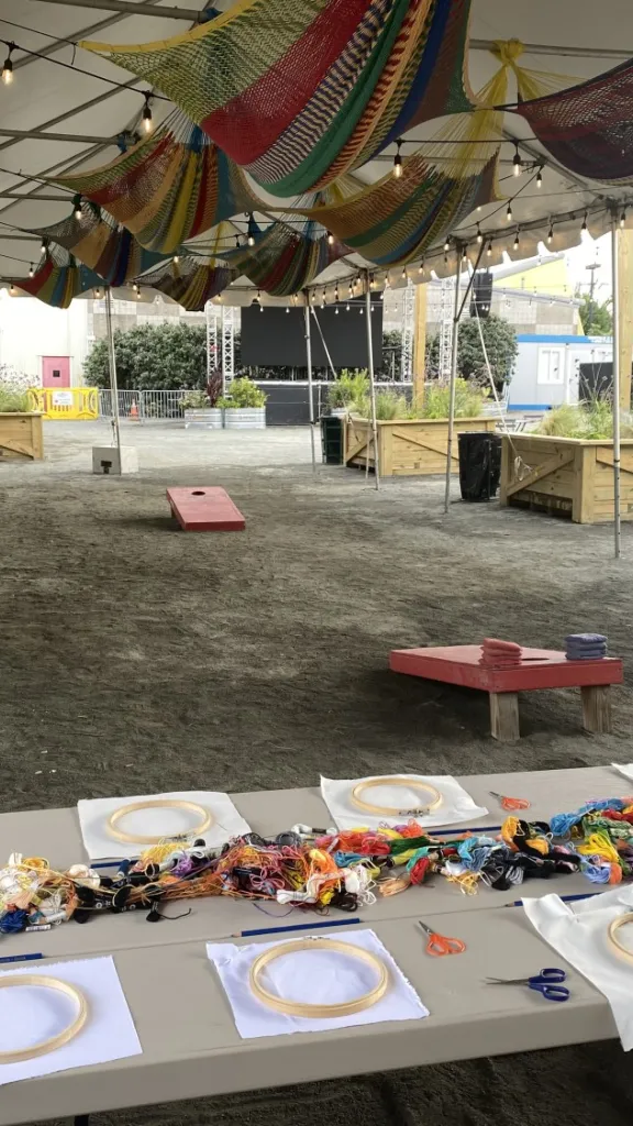 Embroidery materials set out for class 