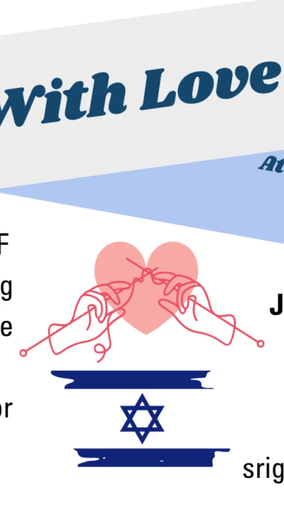 Knitting with Love across the top in a grey box. Information on both sides of picture, there is a heart with hands knitting and an Israeli flag