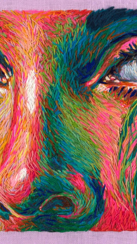 Close-up of embroidered portrait in saturated tones