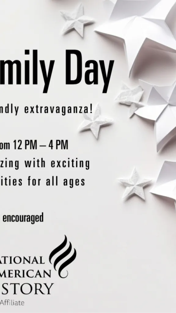 An American flag is on the right side surrounded by while paper stars. On the left is the information for the event