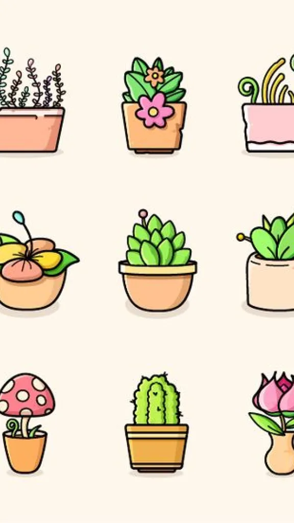Doodles of cute plants in planters