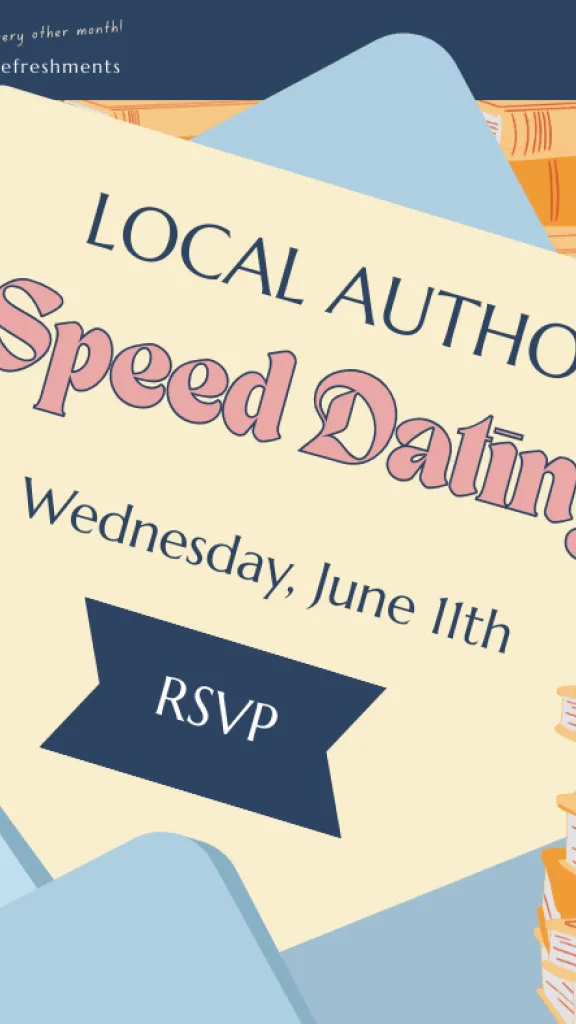 An illustration of an envelope with the event title and time on it, surrounded by illustrated books.