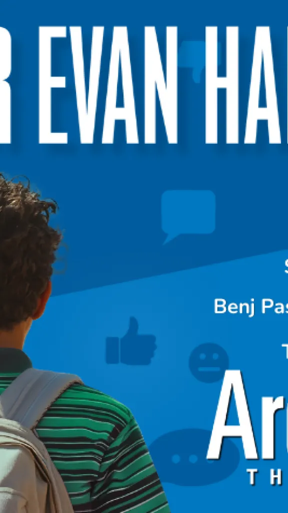 A male adolescent with dark curly hair, a green striped polo, and a backpack with his back to the camera. The blue background has a series of emojis and text bubbles floating around the image of the boy. Text Reads: DEAR EVAN HANSEN, Book by Steven Levenson  Music and Lyrics by Benj Pasek & Justin Paul Directed by Terrence J. Nolen, Arden Theatre Co. 