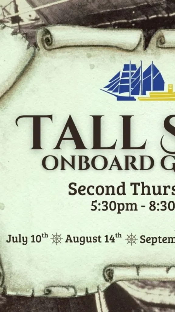 Tall Sips onboard Gazela event information overlaid on a historic photo of Gazela