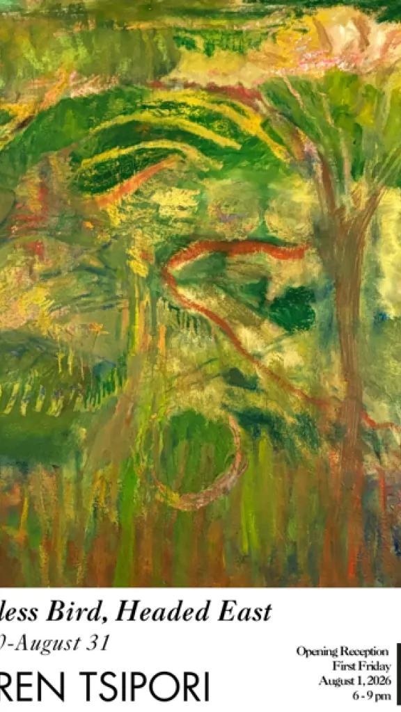 Flyer for Flightless Bird, Headed East, a solo exhibition by Lauren Tsipori at Muse Gallery Philadelphia on view from July 30th- August 1st. First Friday Reception will be held on August 1st from 6-9pm at Muse Gallery