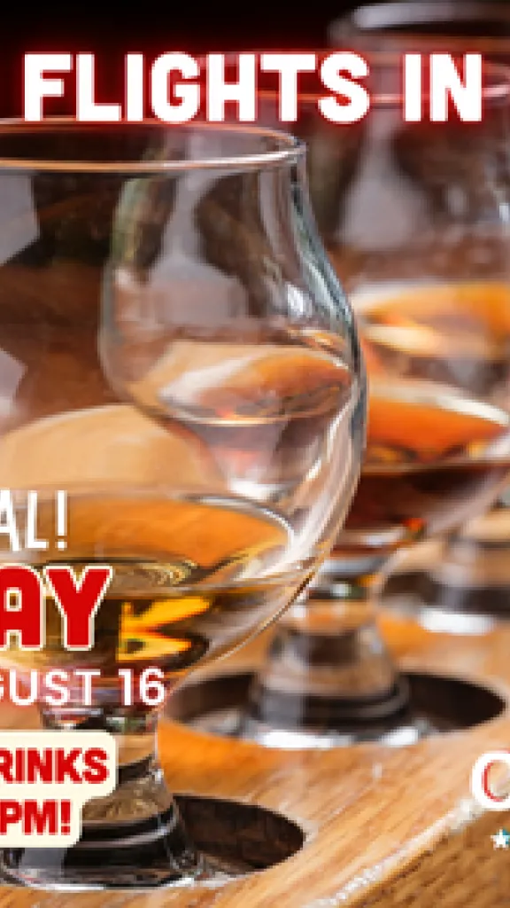 Rum Flight with three shot glasses, Cuba Libre logo, and text: $17 rum flights in August and 50% off rums on Rum Day.