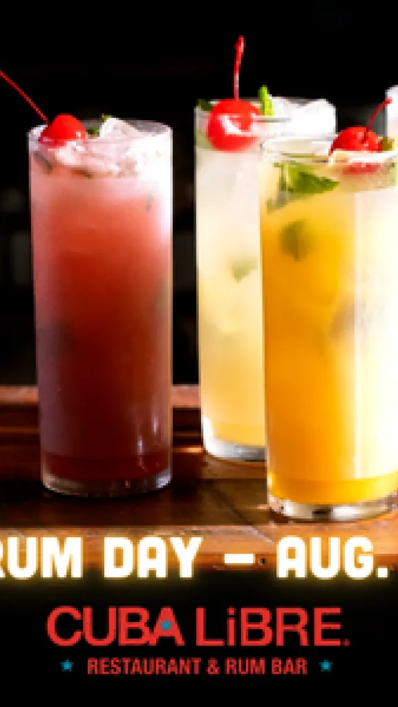 Four glasses of flavored mojitos on a table with text: 50% off all rum drinks on Aug. 16