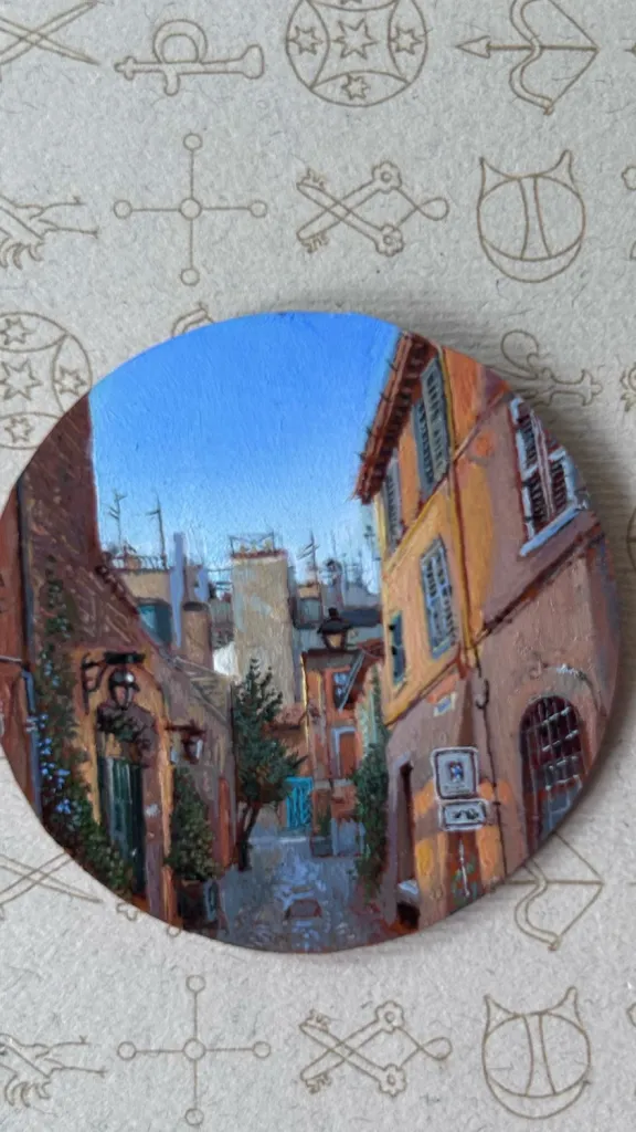 Circular mininature painting of Italian landscape by Dina Brodsky