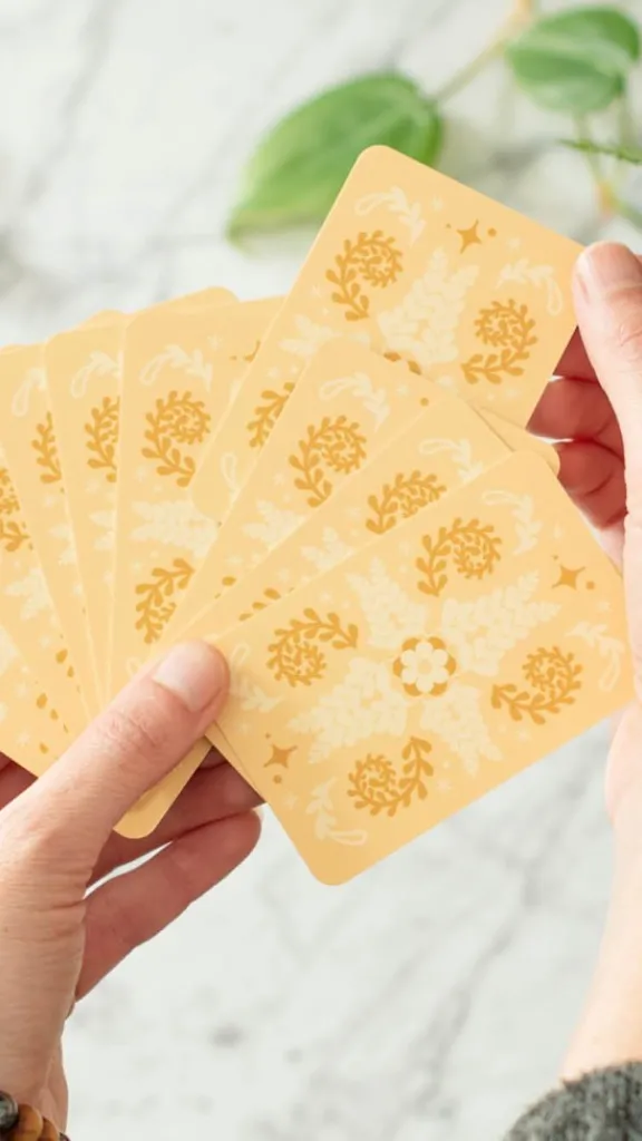 A person holds oracle cards in their hands