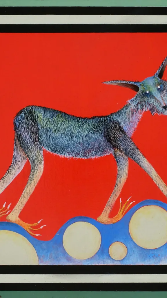 Title: The Night Wolf who Crossed the Red Sky  Description: Acrylic on Wood Panel, 8.5” x 10”