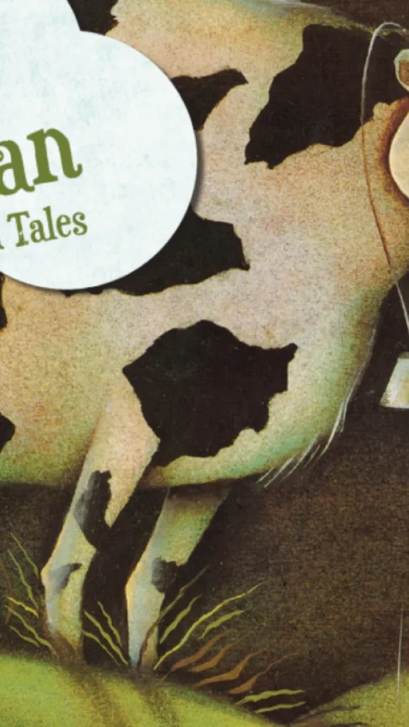 An illustrated cow with his jaw and tongue dropped at the sight of a small man made of cheese with fumes protruding from his head. A cloud contains text that reads "The Stinky Cheese Man and Other Fairly Stupid Tales" and a red circle contains text that reads "Based on the book by Jon Scieszka and Lane Smith Adapted by John Glore Directed by Steve Pacek"