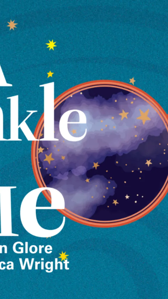 A pair of glasses with a galaxy and stars within the lens. Text reads "Madeleine L'engles A Wrinkle in Time. Adapted by John Glore. Directed by Rebecca Wright"