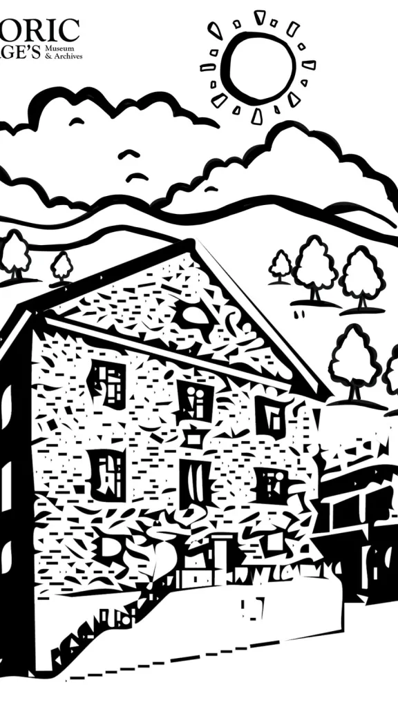 Example of coloring page. The coloring page is the front of the museum with trees, clouds and the sun behind it.