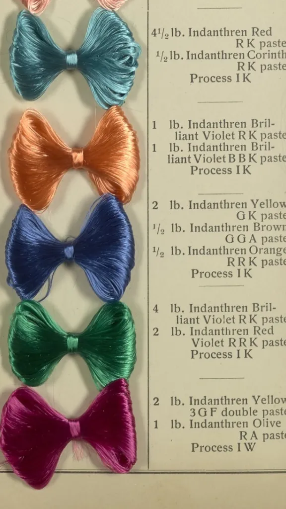 detail of sample book page with dyed yarn samples