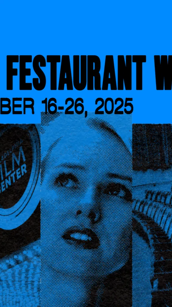 Collage of theater seats and a close up of a woman's face on a blue background with Film Festaurant Week Oct. 16-26