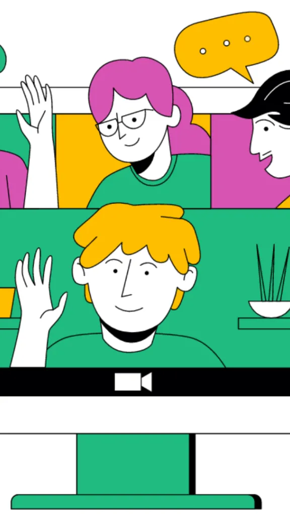 Graphic of people waving and talking through a virtual call